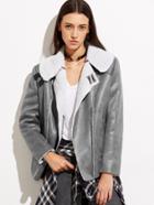 Shein Grey Faux Shearling Asymmetric Zip Jacket