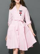 Shein Pink V Neck Tie-waist Pockets A-line Dress