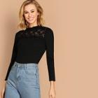 Shein Lace Insert Frill Neck Fitted Tee