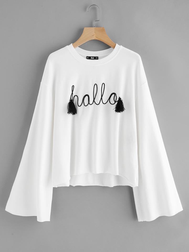 Shein Tasseled Braided Applique Bell Sleeve Raw Cut Pullover