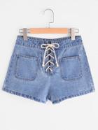 Shein Patch Pocket Front Lace Up Denim Shorts