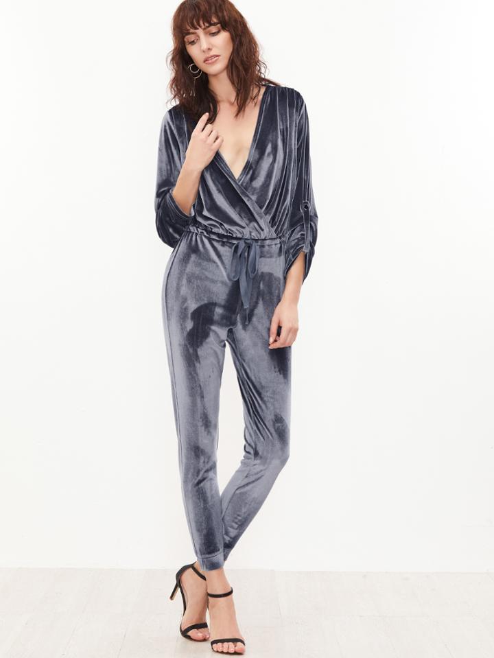 Shein Grey Surplice Front Drawstring Waist Roll Sleeve Velvet Jumpsuit