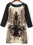 Shein Black Yellow Contrast Pu Leather Leopard Dress