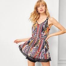 Shein Fringe Lace Trim Geo Print Romper