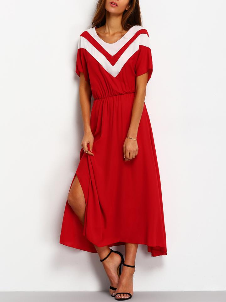 Shein Red Short Sleeve V Pattern Loose Dress