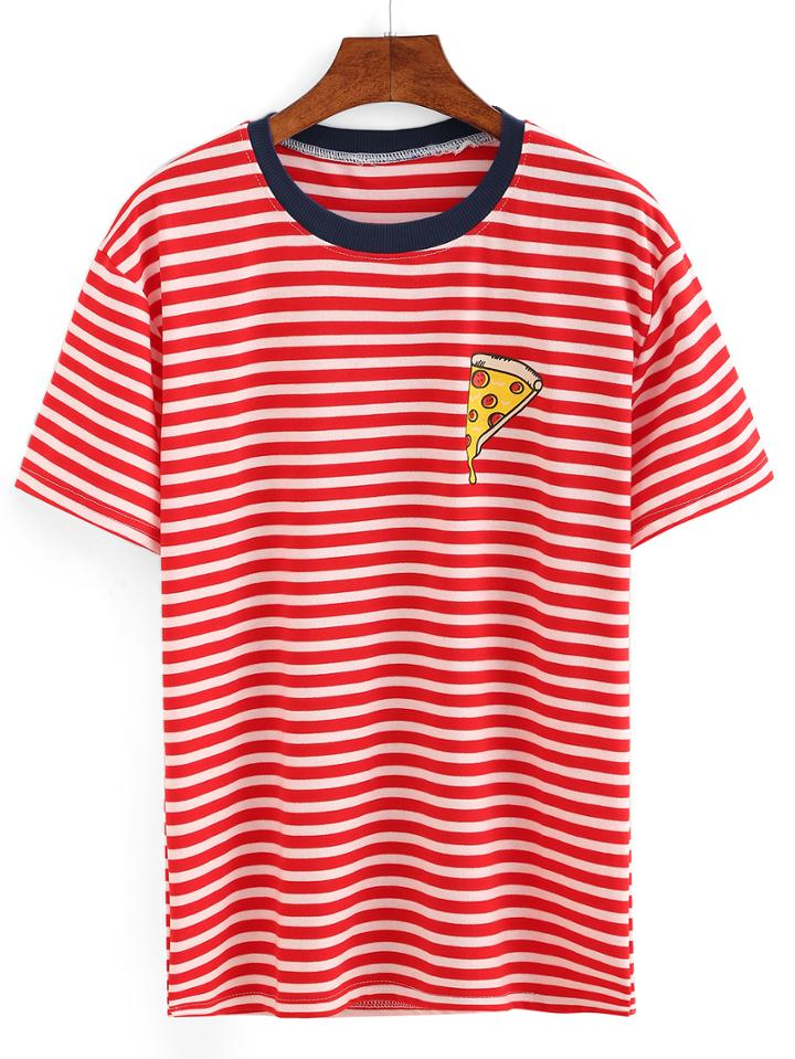 Shein Contrast Trim Pizza Print Striped T-shirt