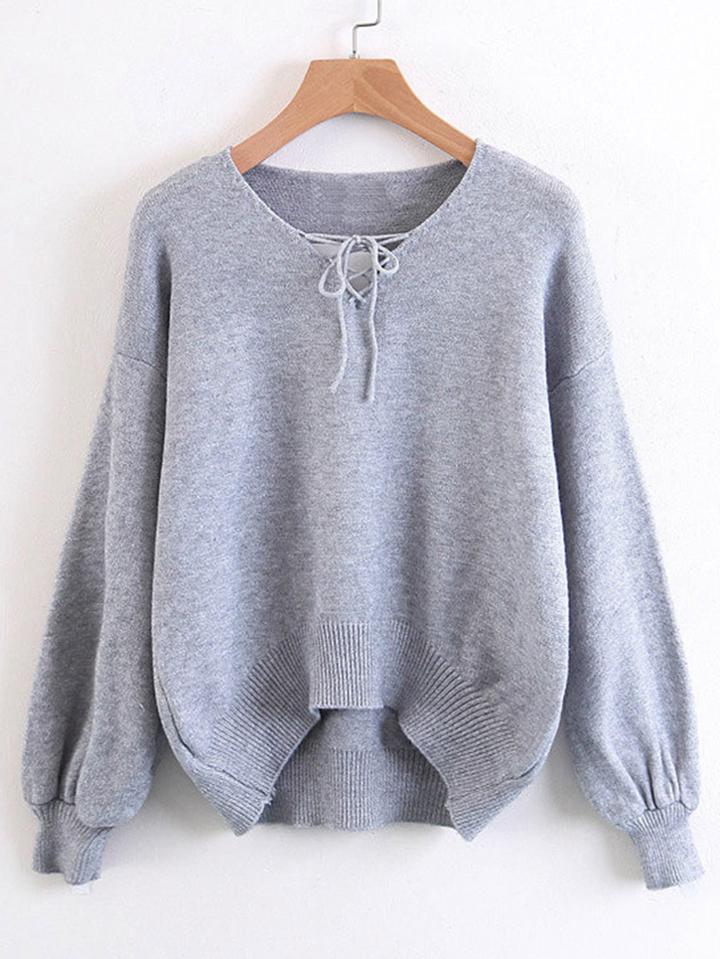 Shein Lace Up Neck Dip Hem Knitwear