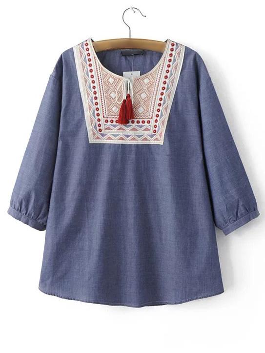 Shein Purple Embroidery Tassel Vintage Blouse
