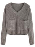 Shein Khaki V Neck Pockets Sweater