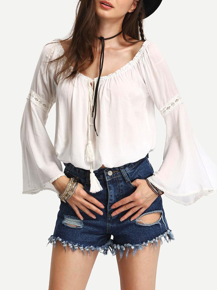 Shein White Bell Sleeve Tessal Tie Blouse