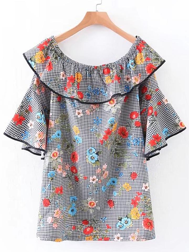 Shein Boat Neckline Bell Sleeve Grid Top