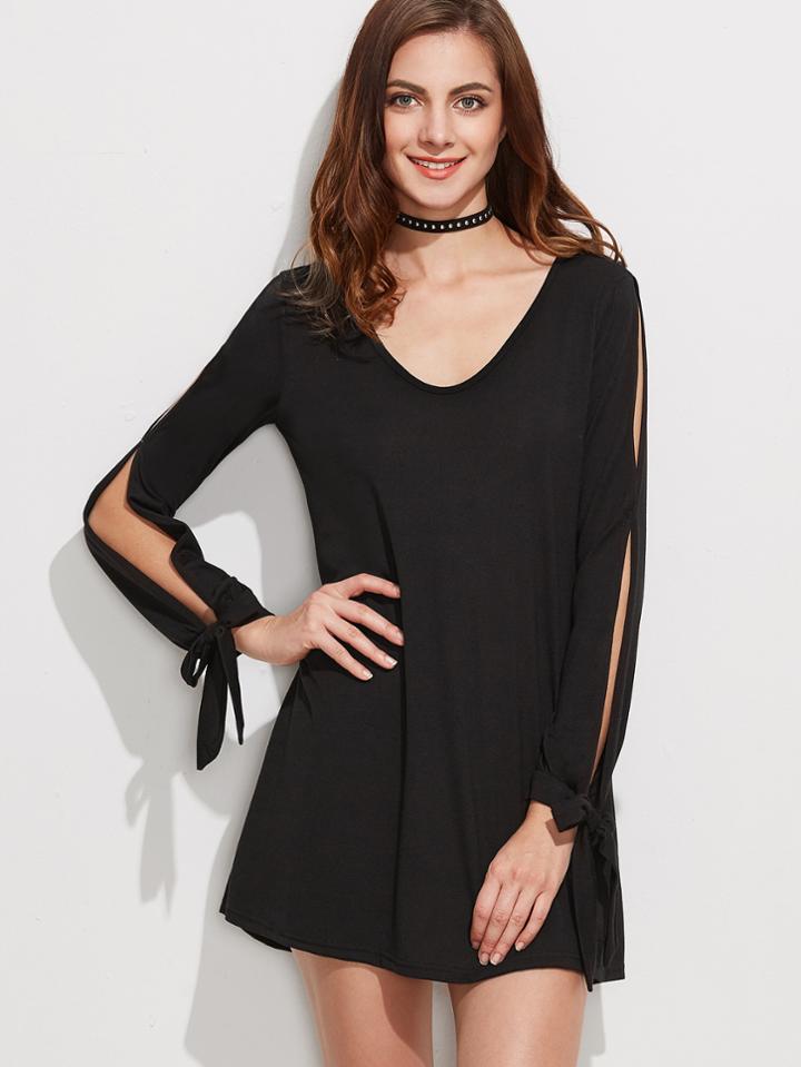 Shein Black V Neck Split Sleeve Tie Cuff Tee Dress
