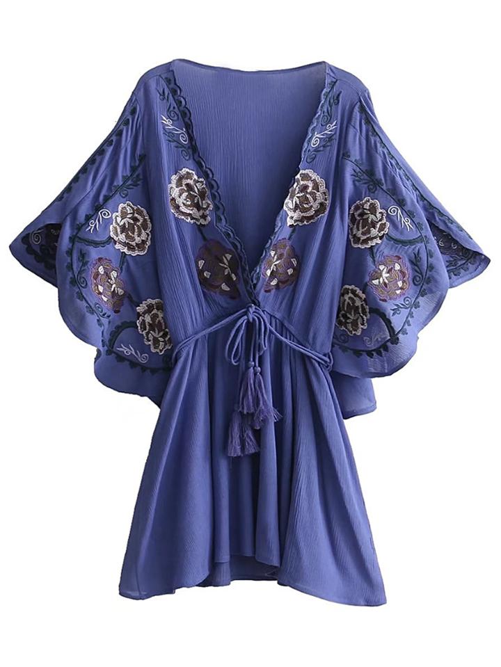 Shein Plunging Butterfly Sleeve Tassel Tie Waist Dress