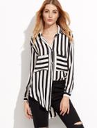 Shein Two Tone Striped Front Pockets Curved Hem Blouse