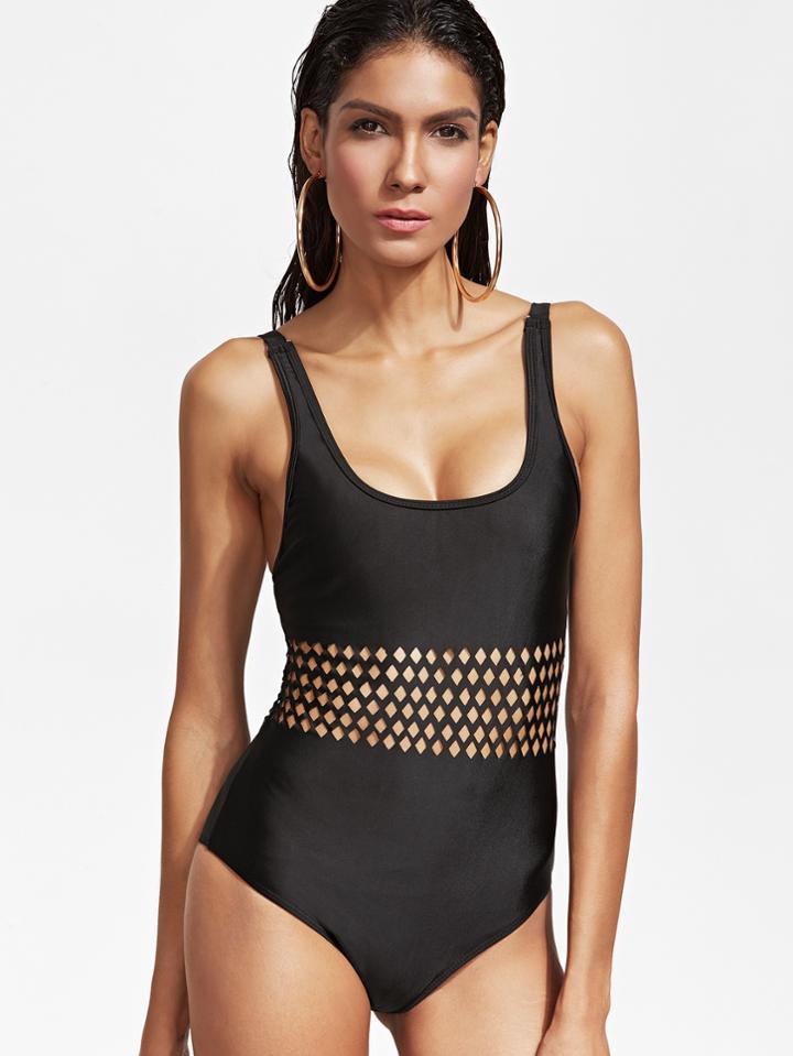 Shein Black Hollow Out Detail One-piece Swimwear
