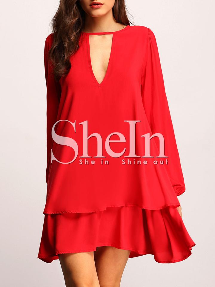 Shein Red Cut Out Front Layer Hem Dress