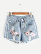 Shein Light Blue Embroidered Ripped Raw Hem Denim Shorts