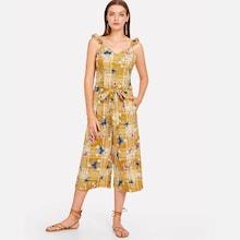 Shein Mixed Print Ruffle Strap Top & Crop Pants Set
