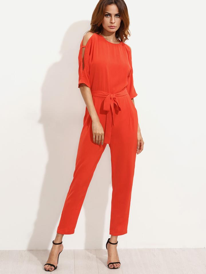 Shein Red Tie Waist Cutout Half Sleeve Jumpsuit