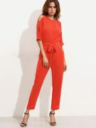 Shein Red Tie Waist Cutout Half Sleeve Jumpsuit