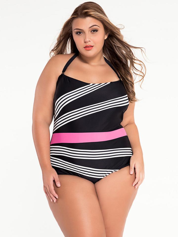 Shein Black Stripe Print Halter Neck Plus Size Swimsuit