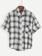 Shein Black Plaid Pocket Front Roll Sleeve Blouse
