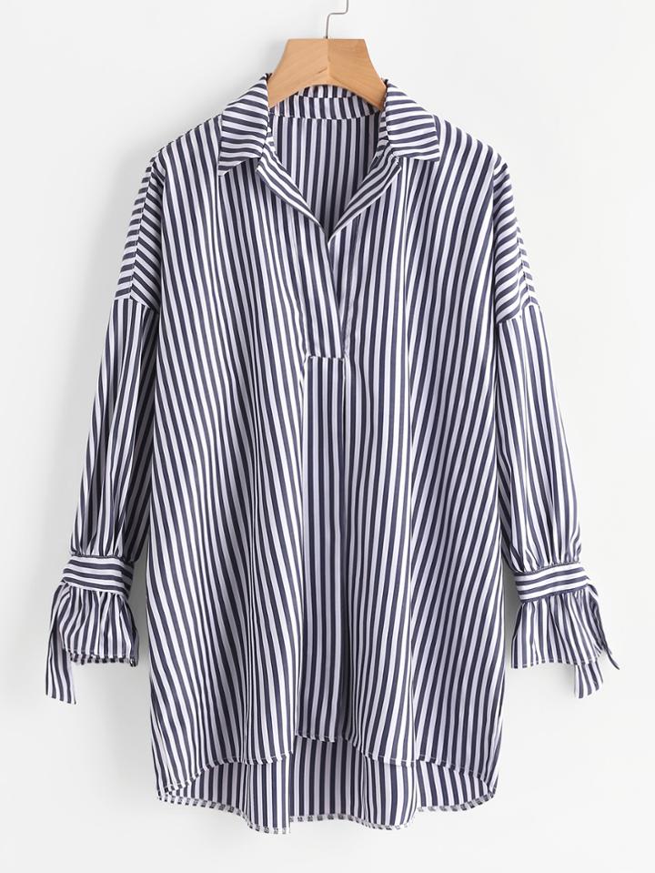 Shein Contrast Stripe Drop Shoulder Tie Detail Longline Blouse