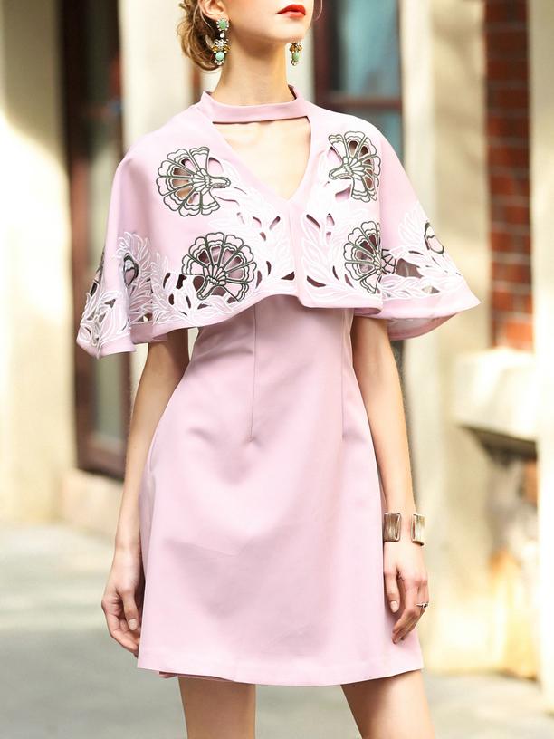 Shein Pink Hollow Embroidered Cape Dress