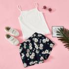 Shein Girls Contrast Lace Cami Top & Floral Print Shorts Set