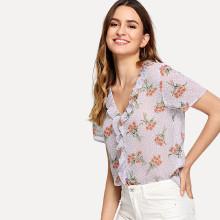 Shein Ruffle Neckline Floral & Polka Dot Top