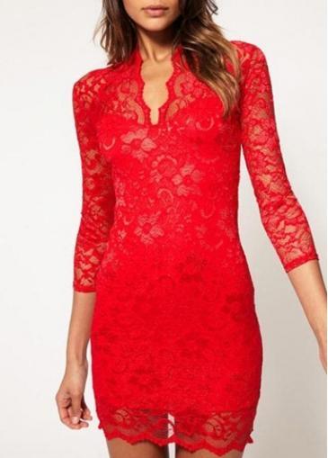 Rosewe Fine Quality V Neck Three Quarter Sleeve Red Lace Dress