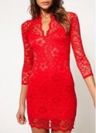 Rosewe Fine Quality V Neck Three Quarter Sleeve Red Lace Dress