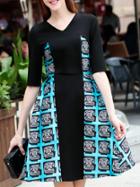 Shein Black V Neck Half Sleeve Pockets Print Dress