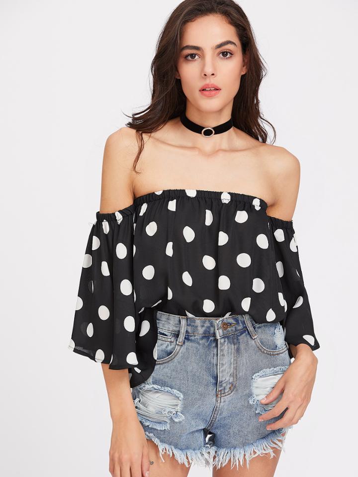 Shein Polka Dot Print Flutter Sleeve Curved Swing Top