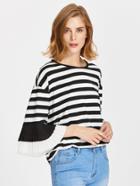 Shein Contrast Striped Drop Shoulder Pleated Flute Sleeve Tee