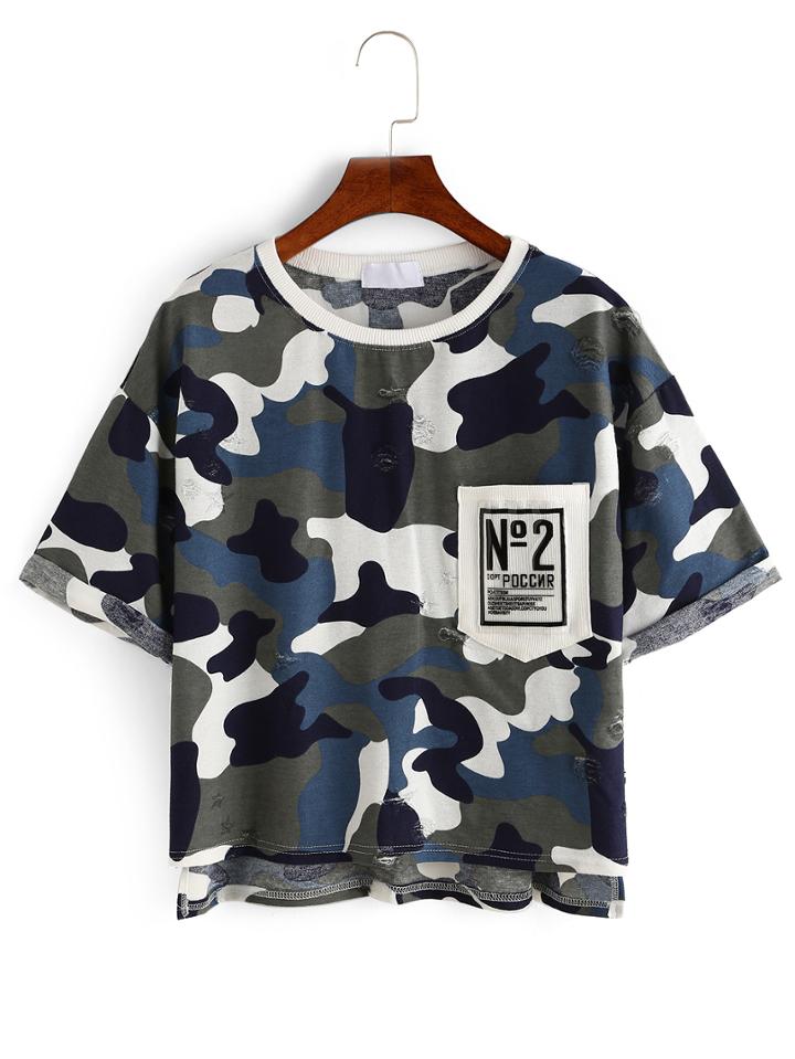 Shein Camouflage High-low Pocket T-shirt