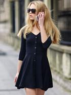 Shein Black V Neck Elbow Sleeve Buttons Slim Dress