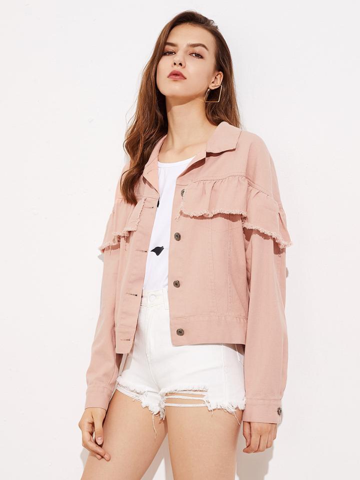 Shein Frayed Ruffle Trim Button Up Jacket