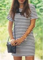 Rosewe Round Neck Short Sleeve Striped Shift Dress