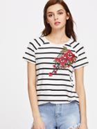 Shein Striped Raglan Sleeve Embroidered Flower Patch T-shirt