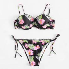 Shein Plus Flower Print Tie Side Bikini Set