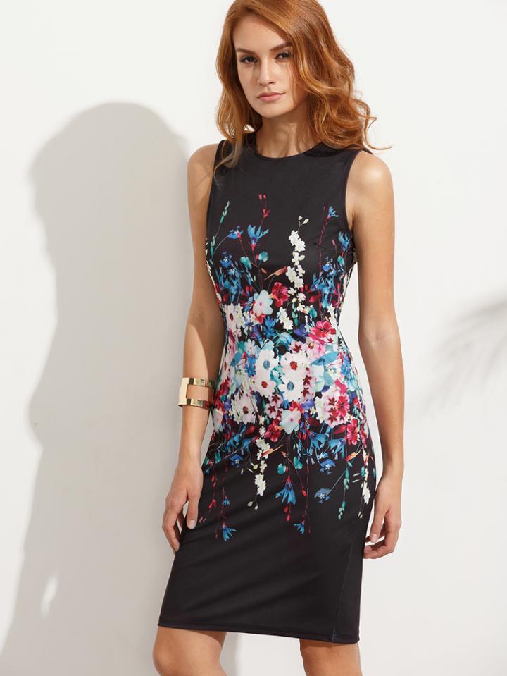 Shein Multicolor Floral Sleeveless Split Sheath Dress