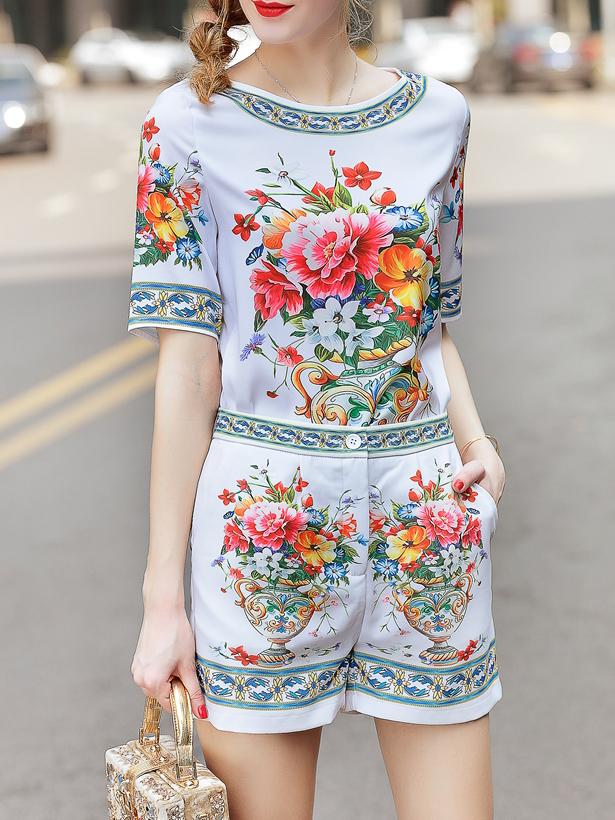 Shein Flowers Print Top With Pockets Shorts
