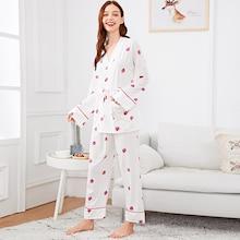Shein Strawberry Print Wrap Pajama Set With Eye Mask