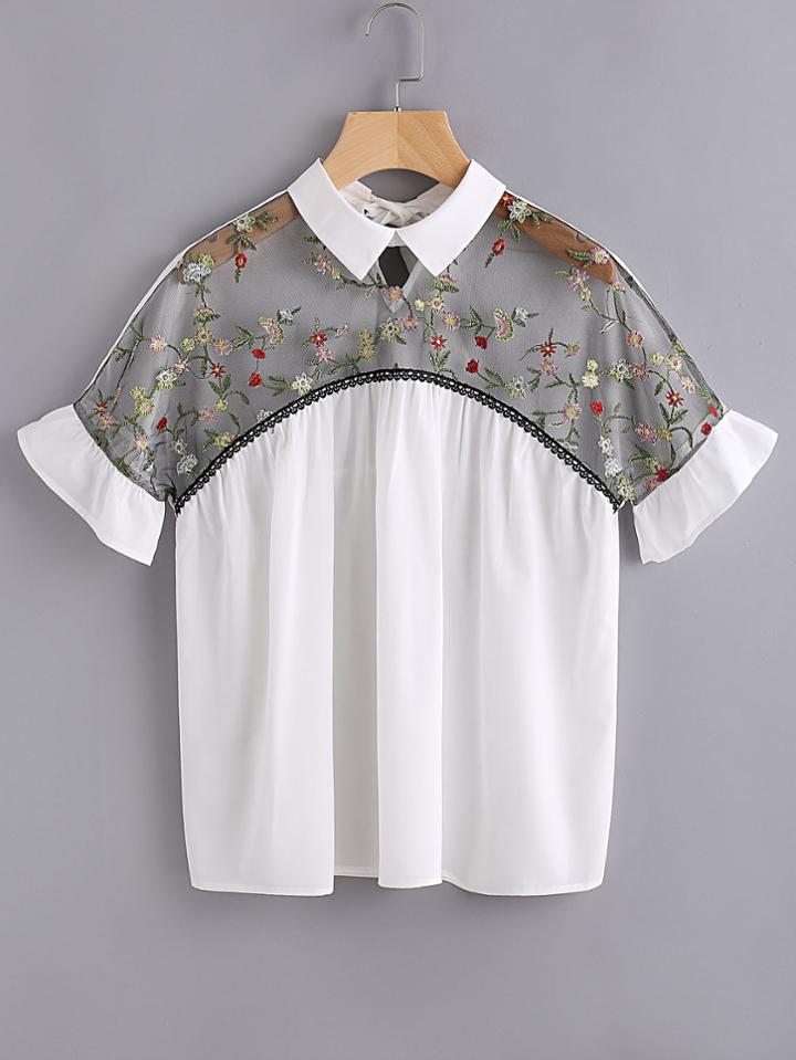 Shein Embroidered Sheer Neck Ruffle Cuff Tie Back Top