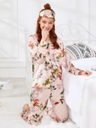 Shein Contrast Binding Floral Print Pajama Set With Eye Mask