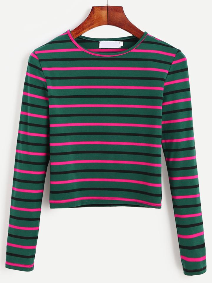 Shein Dark Green Striped Long Sleeve T-shirt