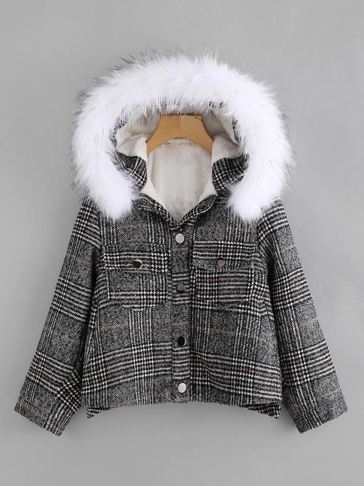 Shein Contrast Fur Hooded Checked Coat