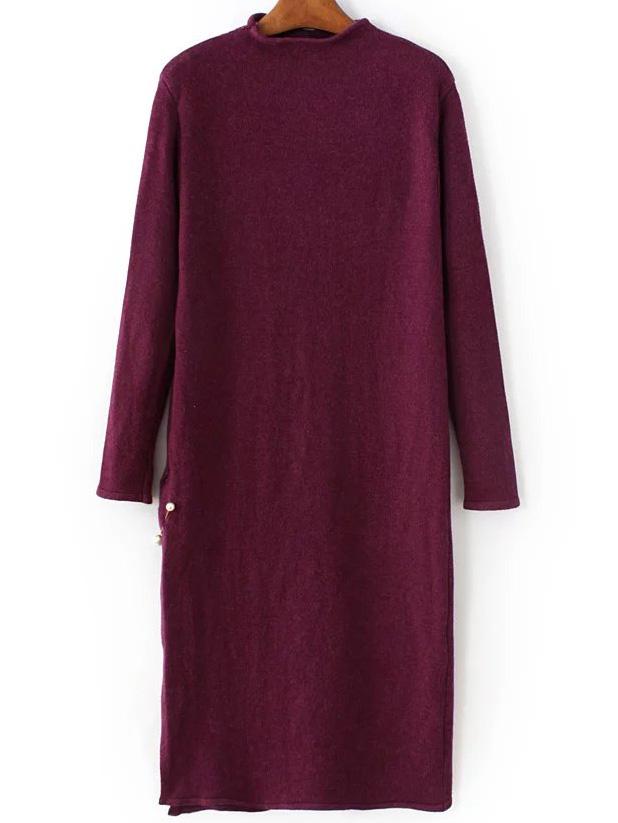Shein Burgundy Mock Neck Side Slit Knit Dress