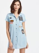 Shein Blue Embroidered Patch Raw Hem Denim Shirt Dress